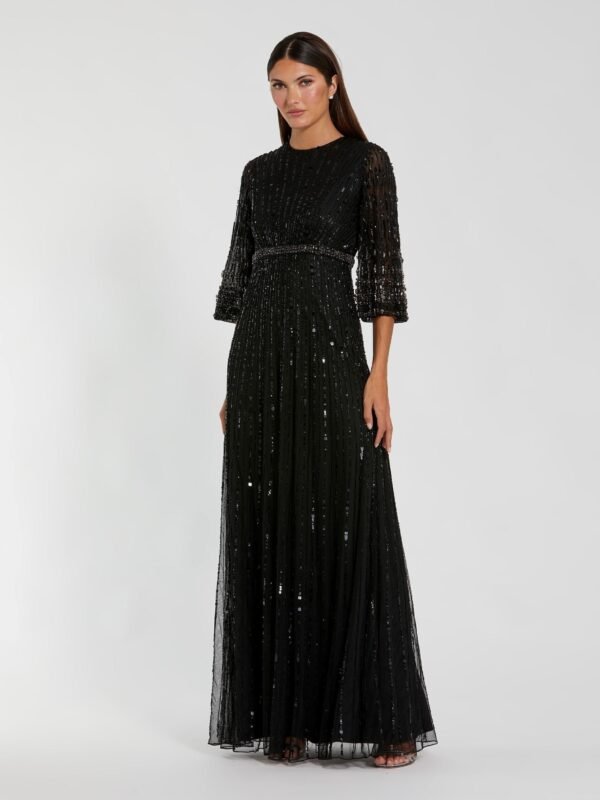 Petite Black High Neck Embellished Gown With 3/4 Sleeves