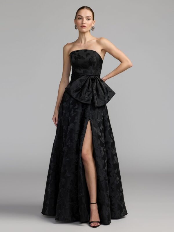 Petite Black Strapless Brocade A-Line Gown With Bow