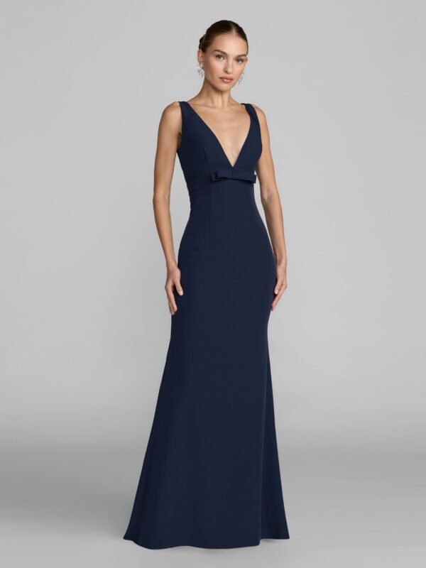 Petite Midnight Crepe V-Neck Mermaid Gown With Bow