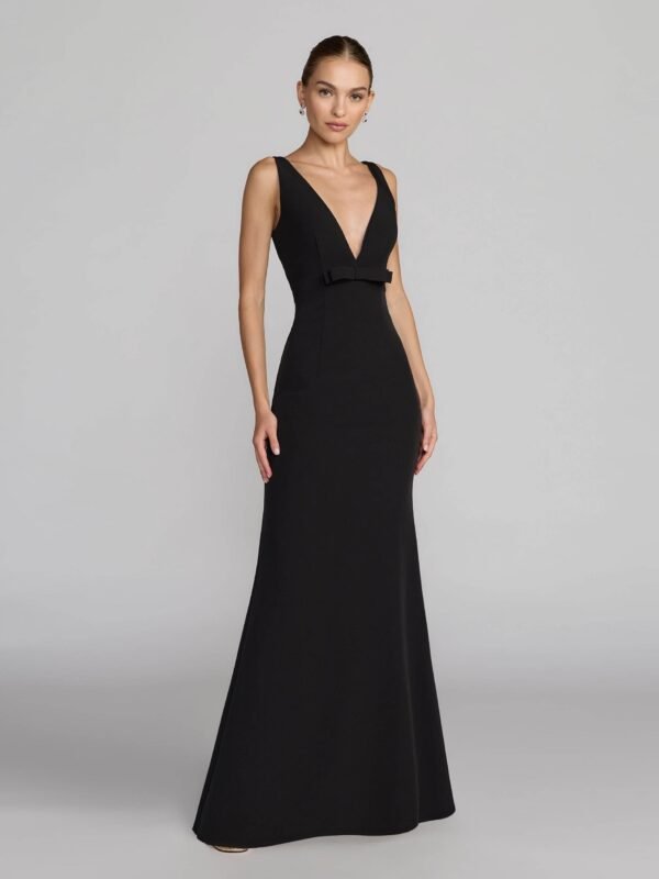 Petite Black Crepe V-Neck Mermaid Gown With Bow