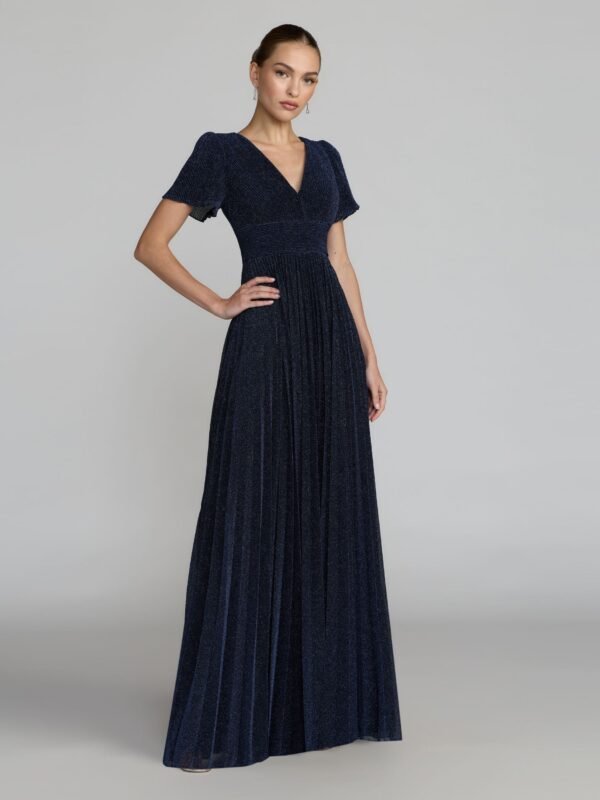 Petite Midnight Pleated Metallic Flutter Sleeve A Line Gown
