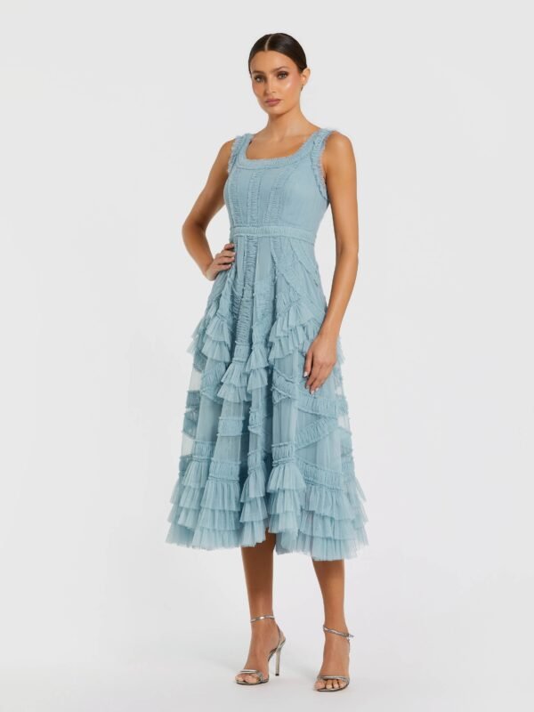 Petite French Blue Scoop Neck Sleeveless Micro Ruffle Midi Dress