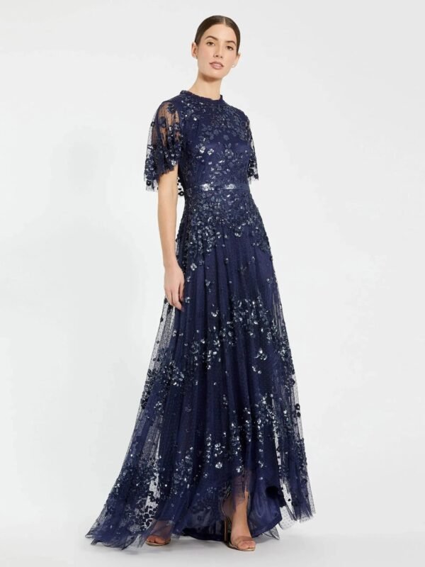 Midnight Sequined High Neck Flutter Sleeve A Line Gown