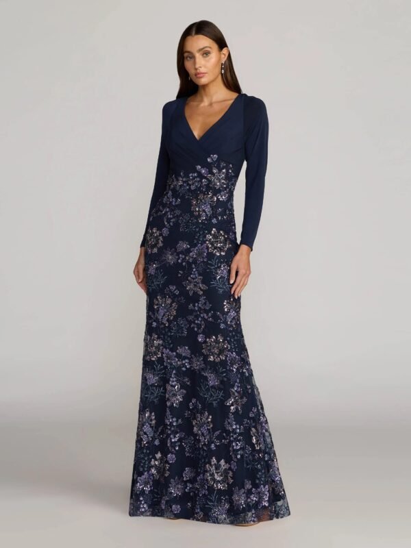 Midnight Multi Floral Embroidered Jersey Long Sleeve Gown