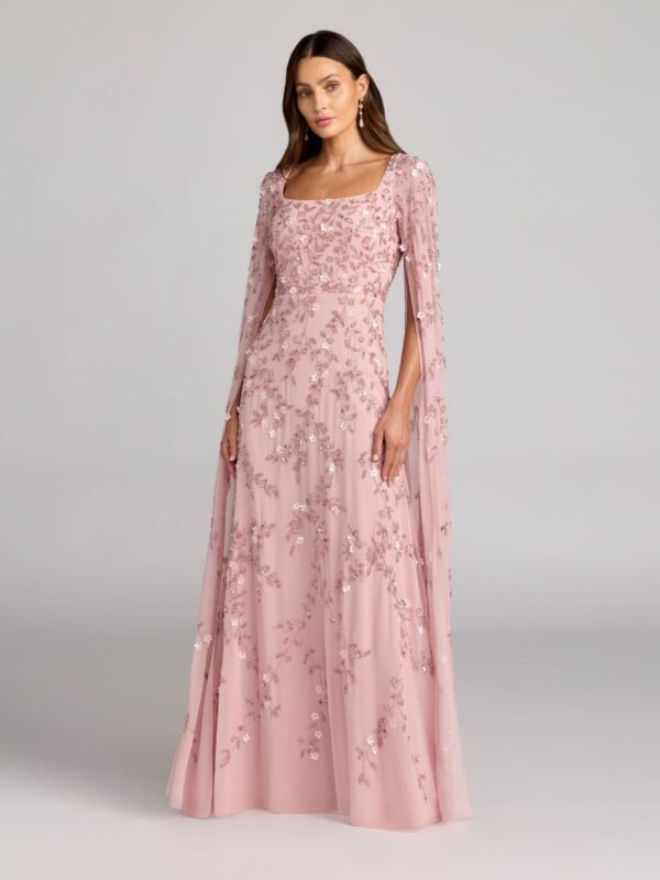 Rose Floral Embellished Cape Sleeve Gown