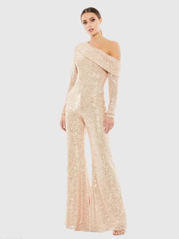 Gold Sequined Drop Shoulder Long Sleeve Jumpsuit