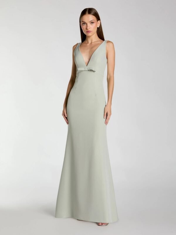 Sage Crepe V-Neck Mermaid Gown With Bow