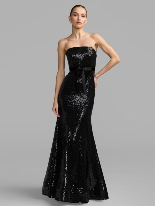 Petite Black Strapless Sequin Trumpet Gown With Bow Detail