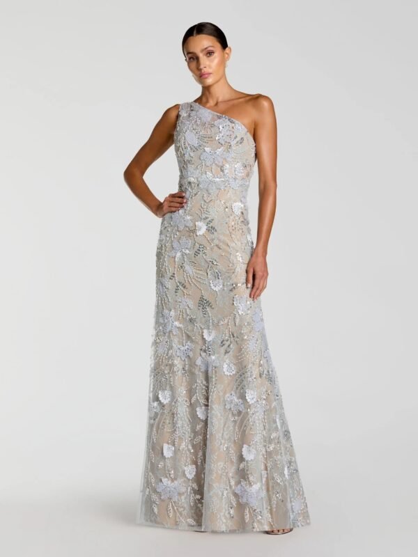 Powder Blue Sleeveless One Shoulder Embellished Lace Gown