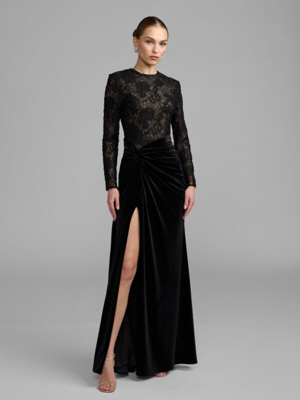 Petite Black Nude Embroidered Lace Velvet Long Sleeve Gown