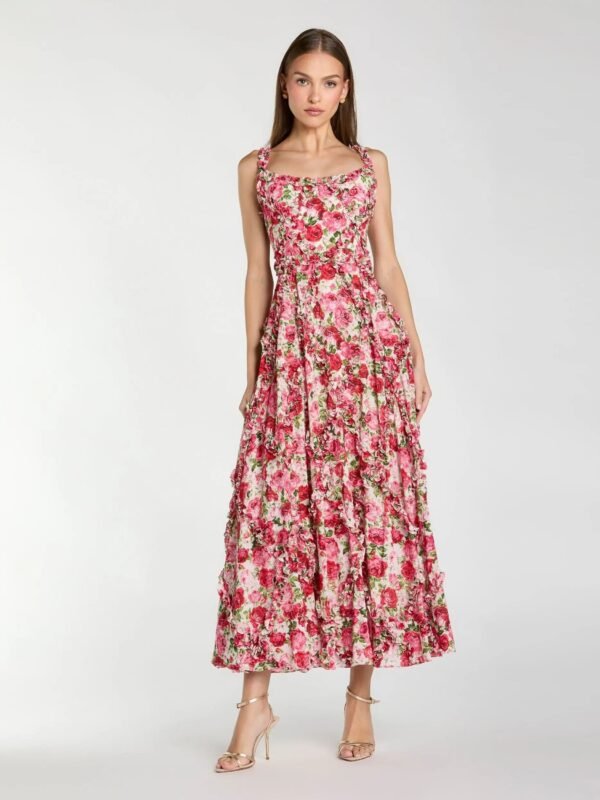 Pink Multi Ruffle Scoop Neck Floral A-Line Dress