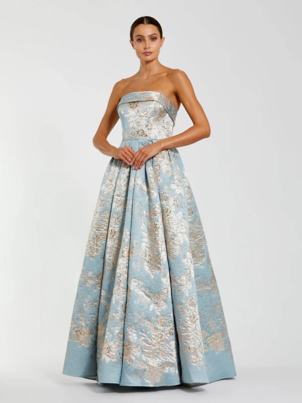 Blue Strapless Brocade Ball Gown with Pockets