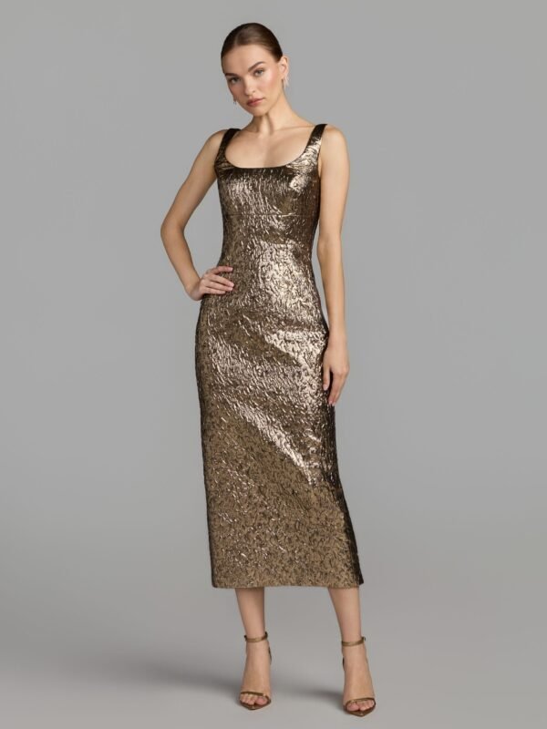 Petite Gold Metallic Scoop Neck Brocade Midi Dress