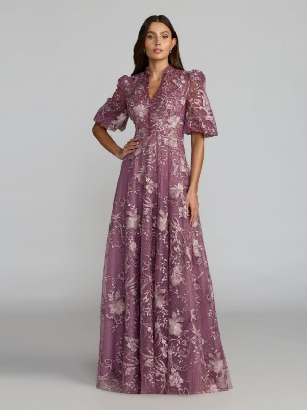 Petite Wisteria Queen Anne Puff Sleeve Embroidered A-Line Gown