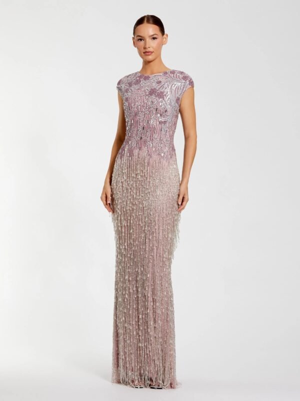Vintage Lilac Embellished Cap Sleeve Gown With Fringe Beading