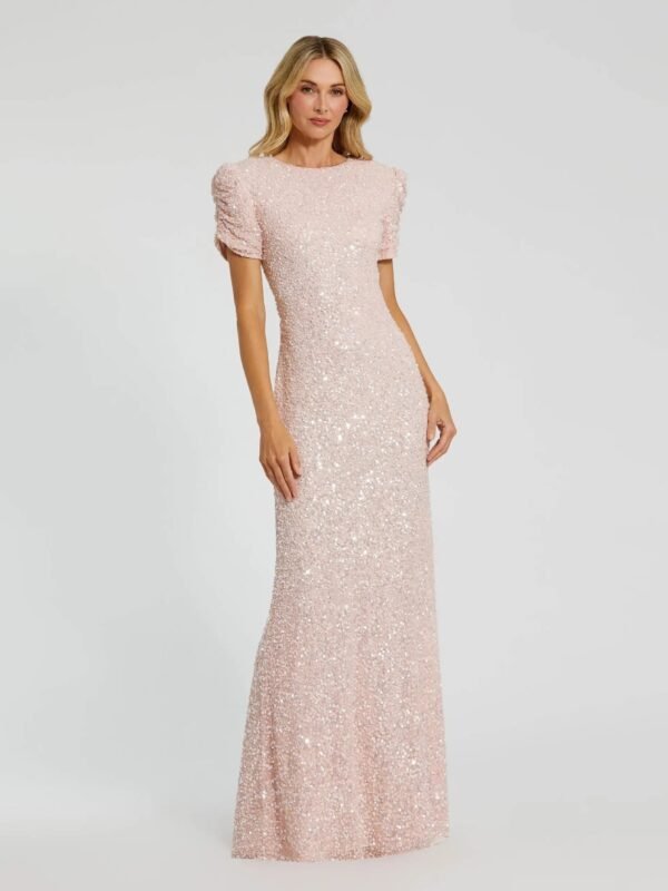 Petite Blush Gathered Short Sleeve Embellished Gown
