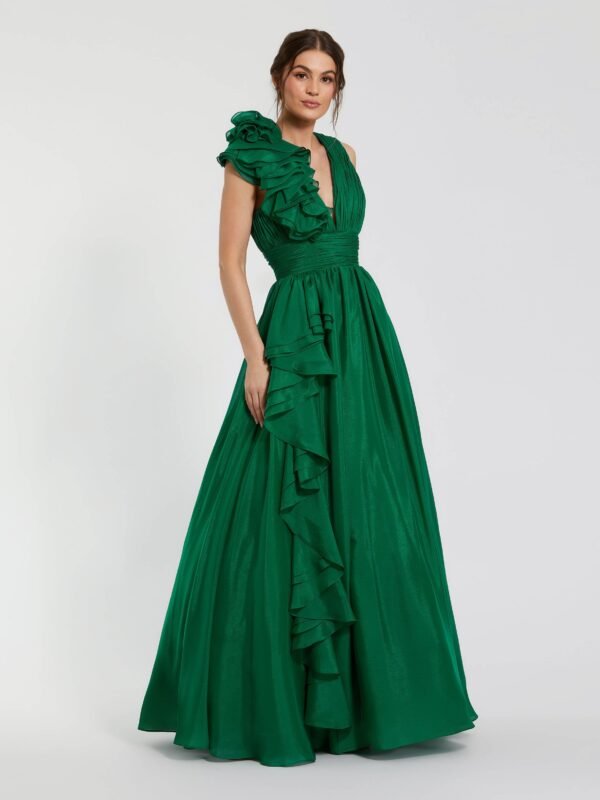 Petite Emerald Ruffle Shoulder V-Neck Chiffon Gown