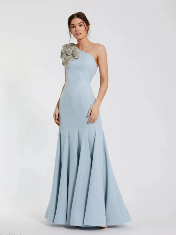 Powder Blue One Shoulder Trumpet Gown With Crystal Flower