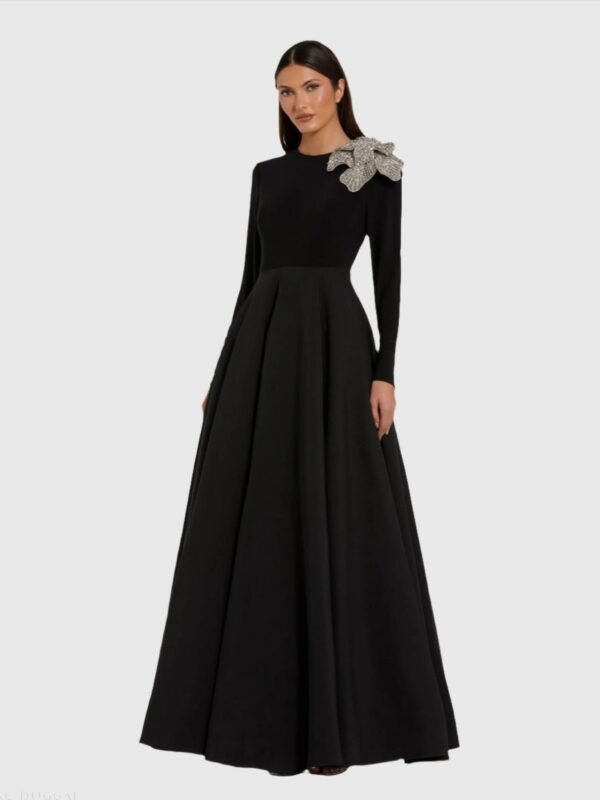 Black Long Sleeve Ball Gown With Rhinestone Flower