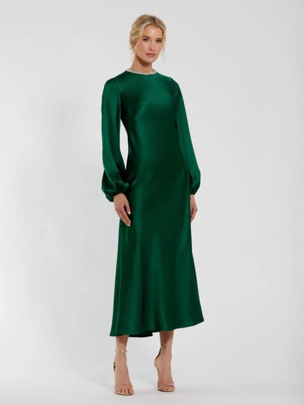 Emerald Rhinestone Neckline Satin Midi Dress