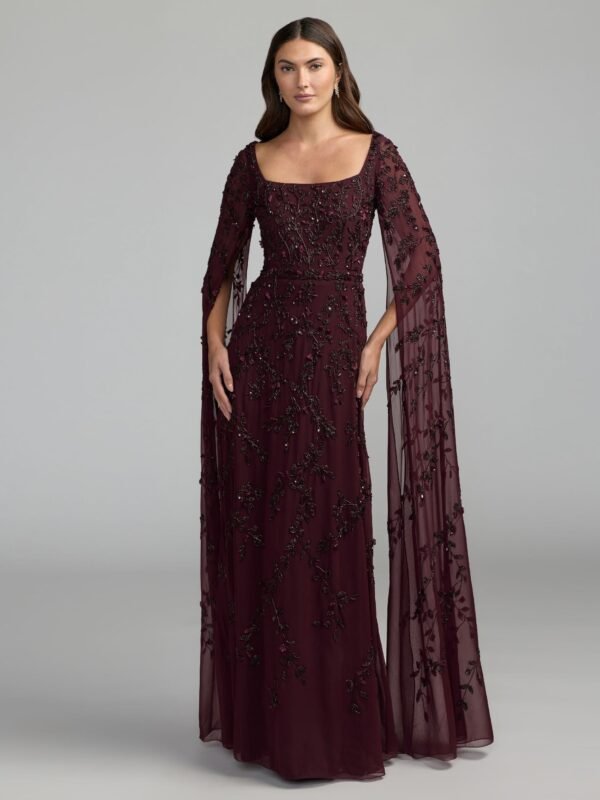 Petite Aubergine Floral Embellished Cape Sleeve Gown