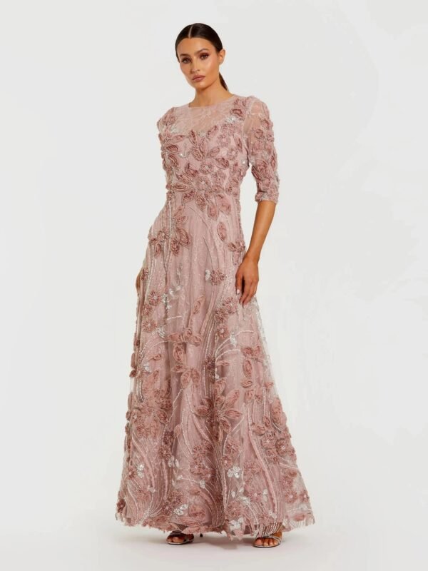Mocha High Neck Embellished Lace Gown With 3/4 Sleeves