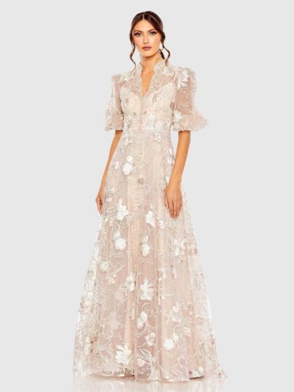 Blush Queen Anne Puff Sleeve Embroidered A-Line Gown