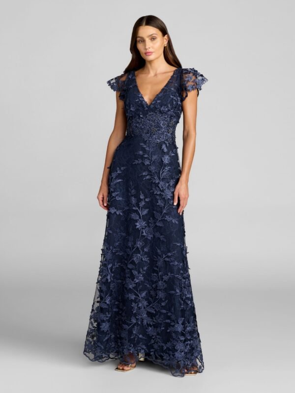 Midnight Floral Embroidered Flutter Sleeve Gown