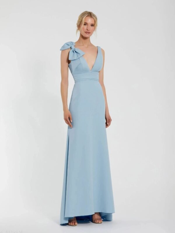 Powder Blue Sleeveless V Neck Bow Detail Mermaid Gown