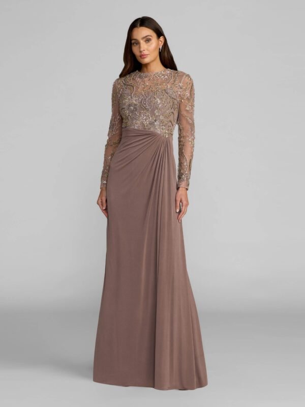 Petite Golden Brown Embroidered Illusion Long Sleeve Draped Gown