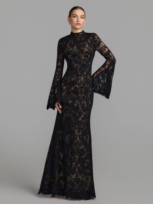 Black Nude Mock Neck Long Sleeve Lace Gown