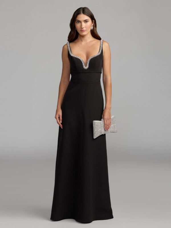 Black Crepe A-Line Gown With Rhinestone Trim
