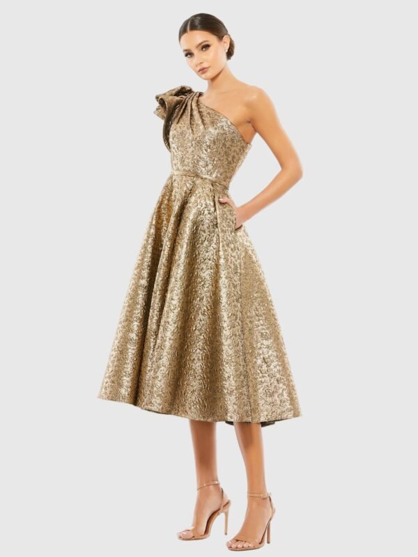 Petite Antique Bronze One Shoulder Bow Midi Dress With Pockets