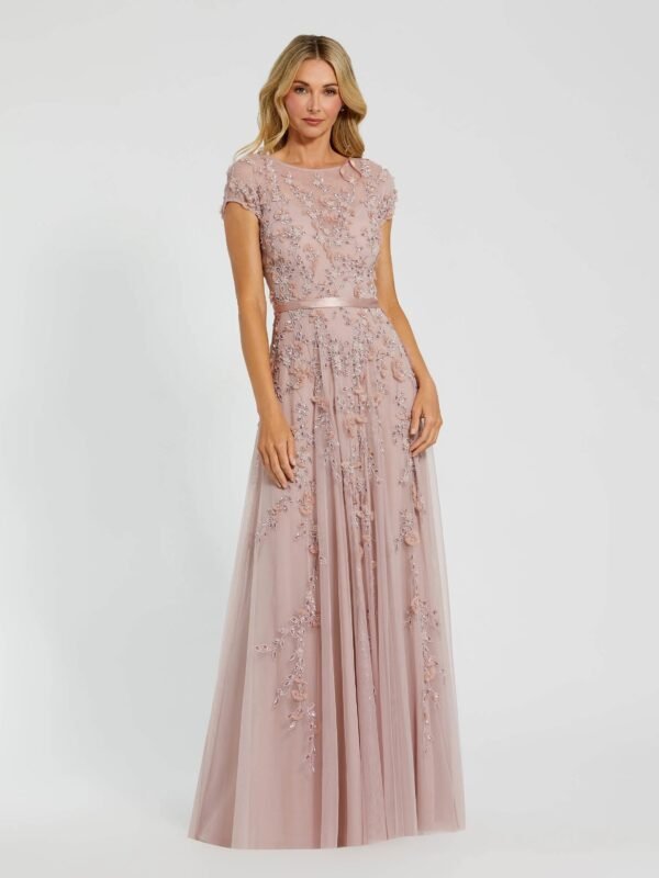 Mocha Floral Embellished Cap Sleeve Gown