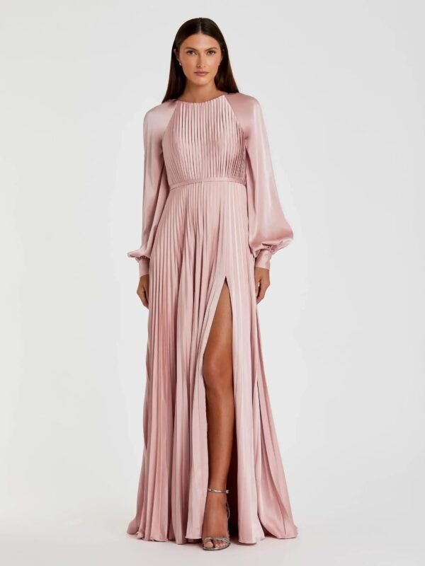 Petite Blush Pleated High Neck Long Sleeve Gown With Slit