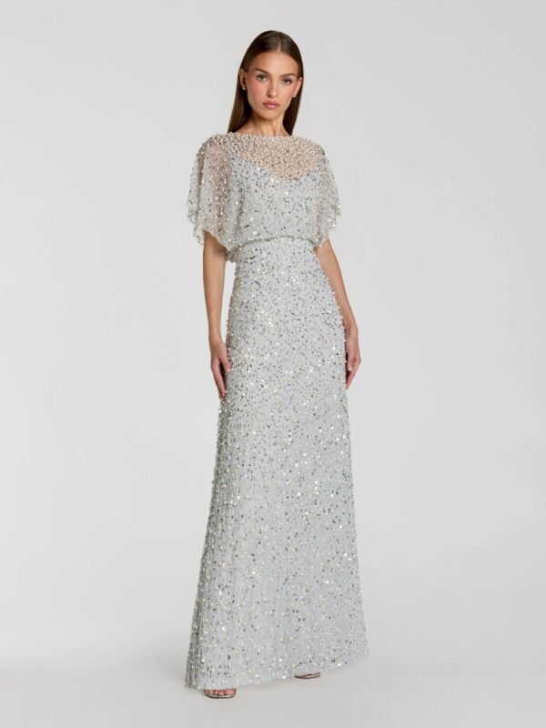 Petite Powder Blue High Neck Short Sleeve Embellished Gown