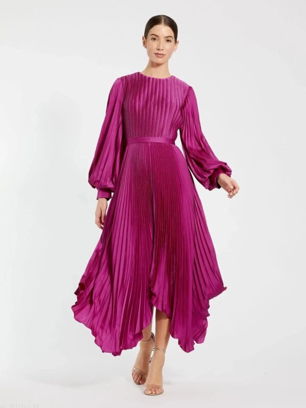 Fuchsia Long Sleeve Pleated Charmeuse Handkerchief Dress