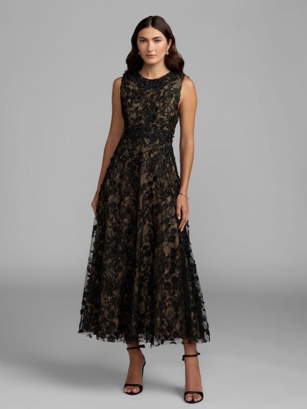 Black Nude Floral Embroidered High Neck Midi Dress