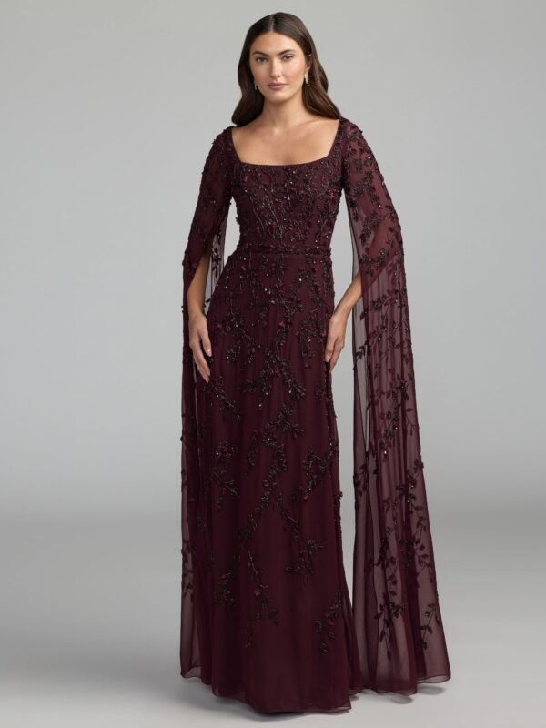 Aubergine Floral Embellished Cape Sleeve Gown
