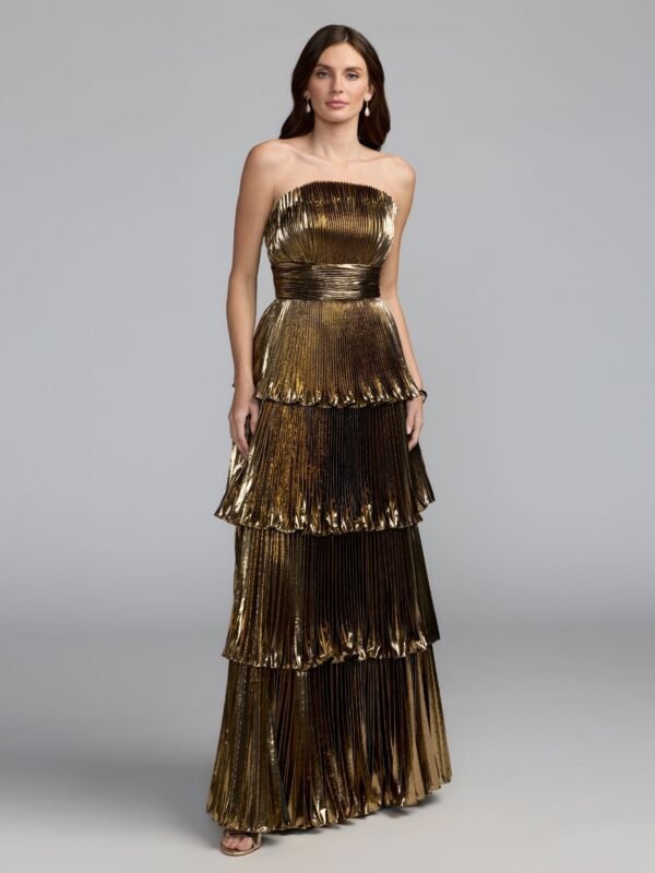 Petite Antique Gold Strapless Pleated Metallic Ruffle Gown