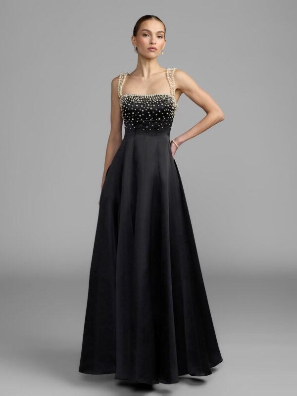 Petite Black Pearl Embellished Satin A-Line Gown
