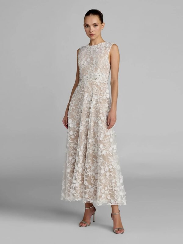 Ivory Nude Floral Embroidered High Neck Midi Dress