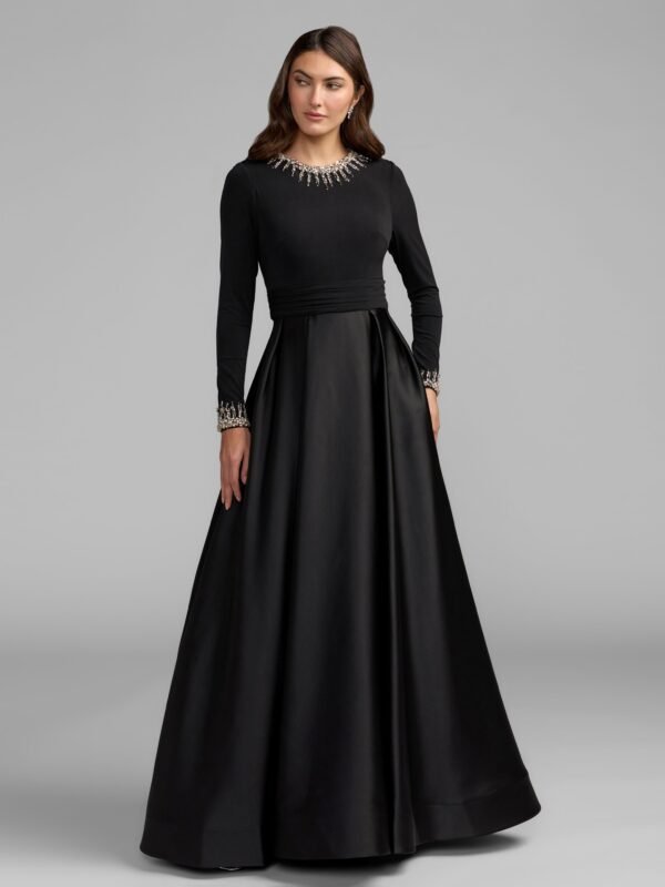 Black Jersey and Satin Long Sleeve A-Line Gown