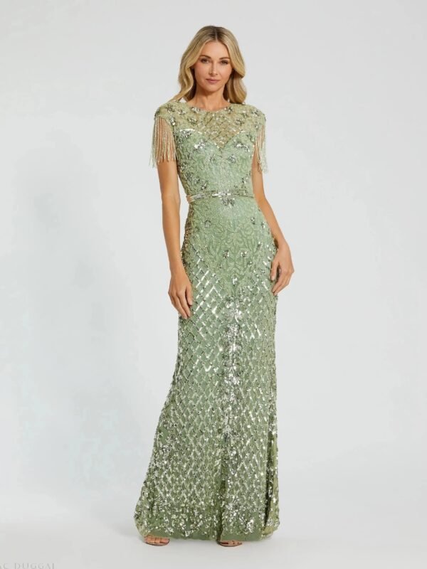 Sage High Neck Beaded Fringe Fitted Gown