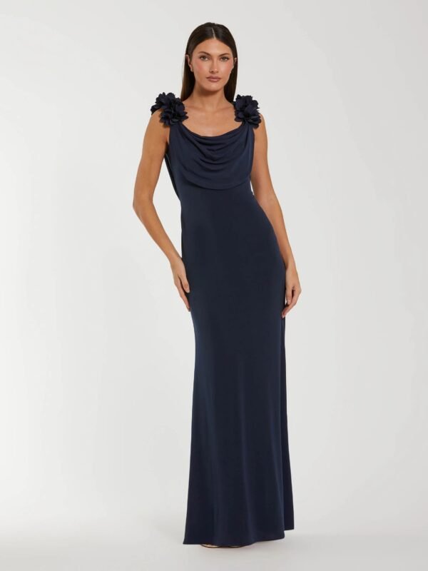 Navy Cowl Neck Jersey Gown With 3D Flower Straps