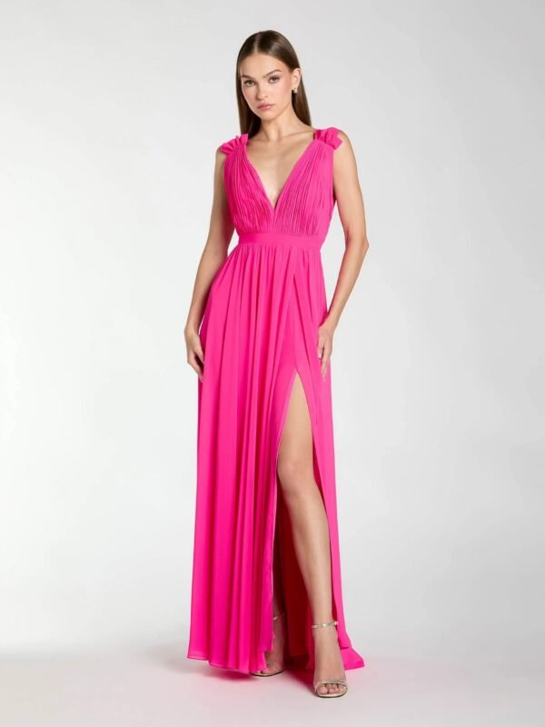 Petite Hot Pink Sleeveless Pleated Chiffon V-Neck Gown
