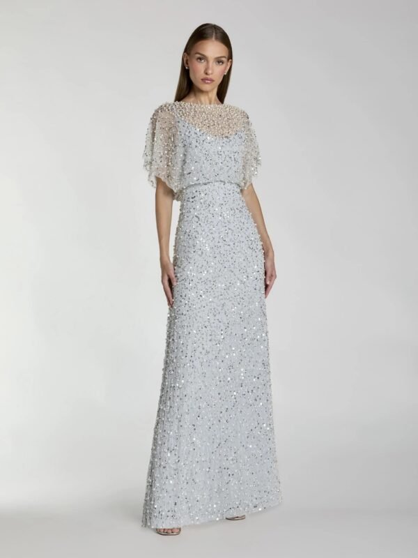 Powder Blue High Neck Short Sleeve Embellished Gown