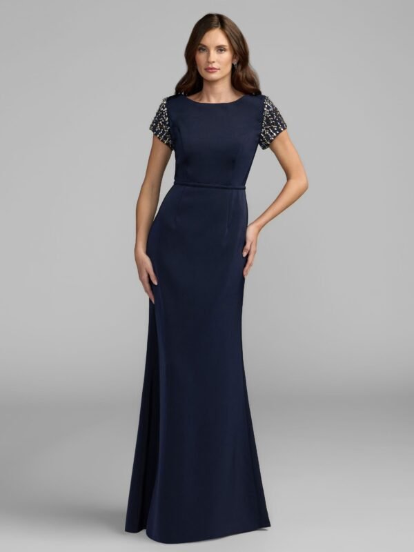 Petite Navy Beaded Cap Sleeve Satin Column Gown