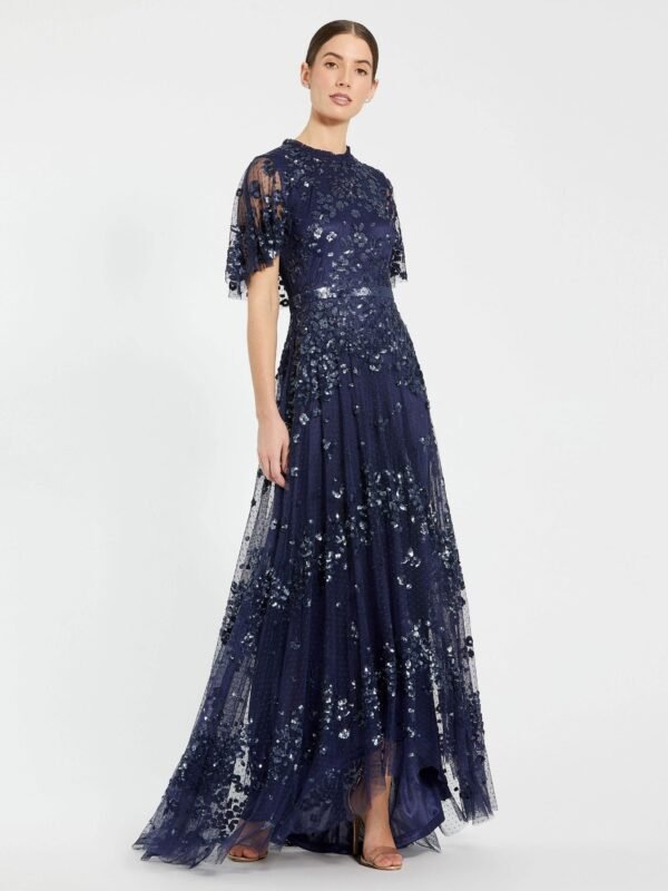 Petite Midnight Sequined High Neck Flutter Sleeve A Line Gown