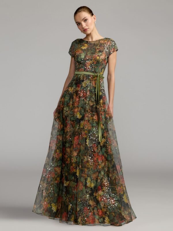 Petite Charcoal Multi Floral Cap Sleeve A-Line Gown